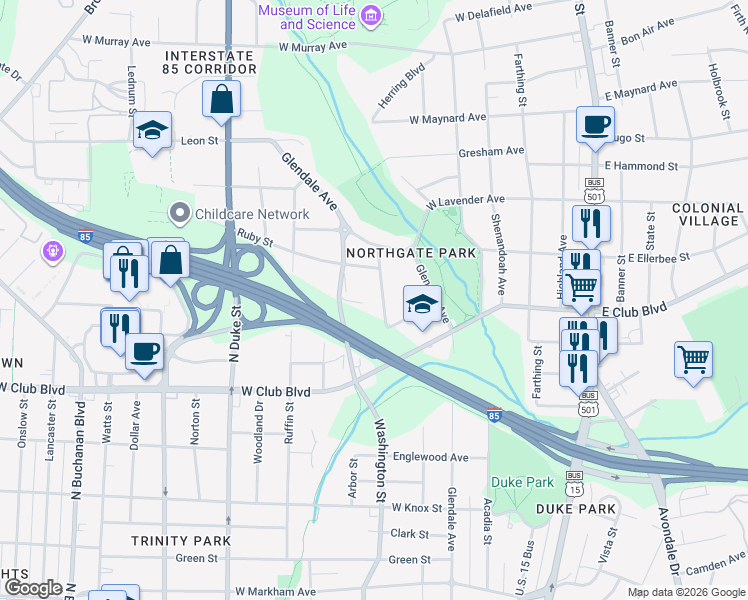 map of restaurants, bars, coffee shops, grocery stores, and more near 1910 Washington Street in Durham