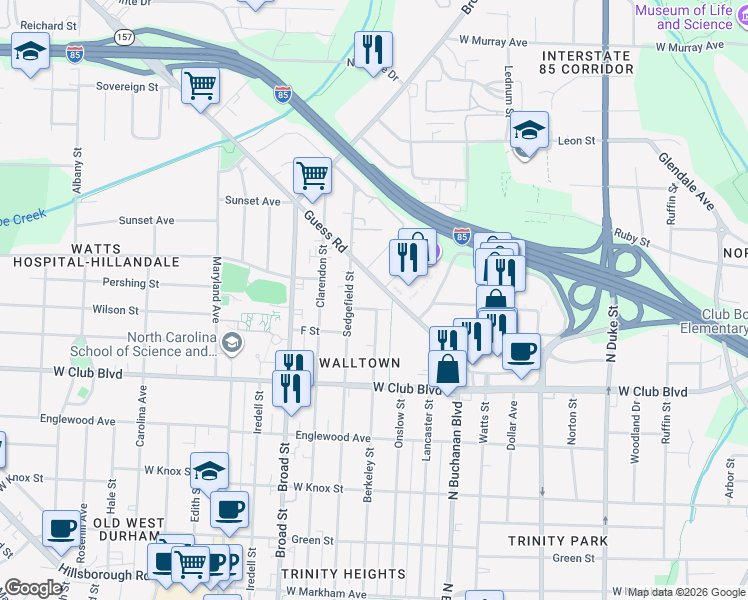 map of restaurants, bars, coffee shops, grocery stores, and more near 1240 Berkeley Street in Durham