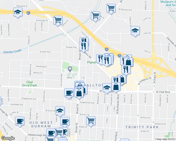 map of restaurants, bars, coffee shops, grocery stores, and more near 1307 Clarendon Street in Durham