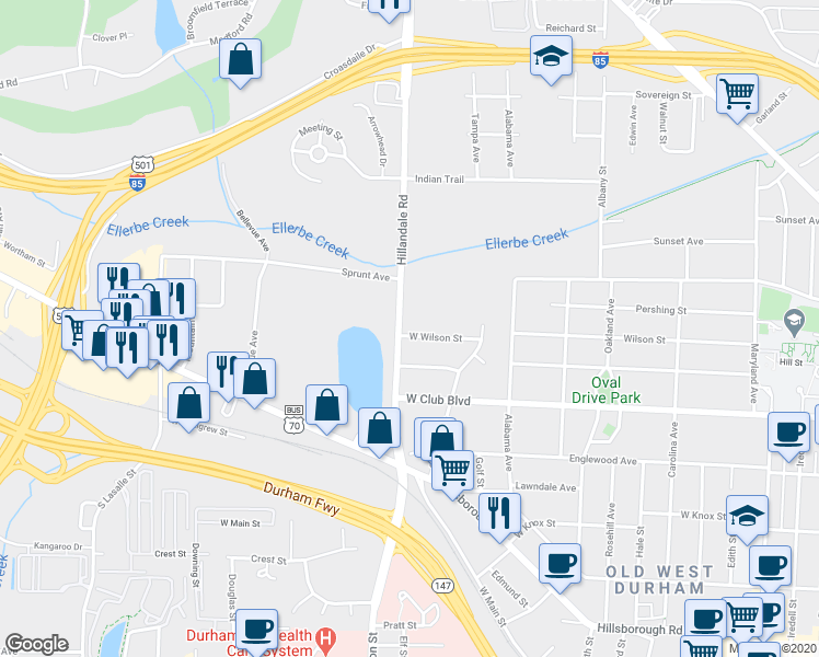 map of restaurants, bars, coffee shops, grocery stores, and more near 2531 West Wilson Street in Durham