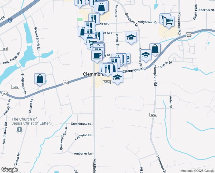 map of restaurants, bars, coffee shops, grocery stores, and more near 6611 Village Brook Trail in Clemmons