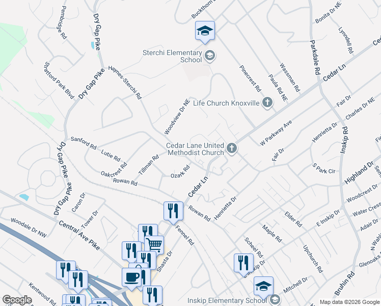 map of restaurants, bars, coffee shops, grocery stores, and more near 5221 Haynes-Sterchi Road in Knoxville