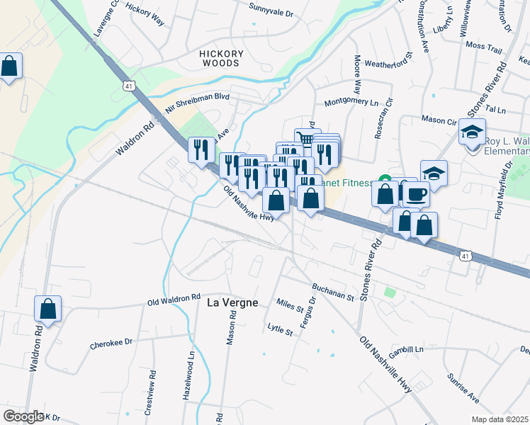 map of restaurants, bars, coffee shops, grocery stores, and more near in La Vergne