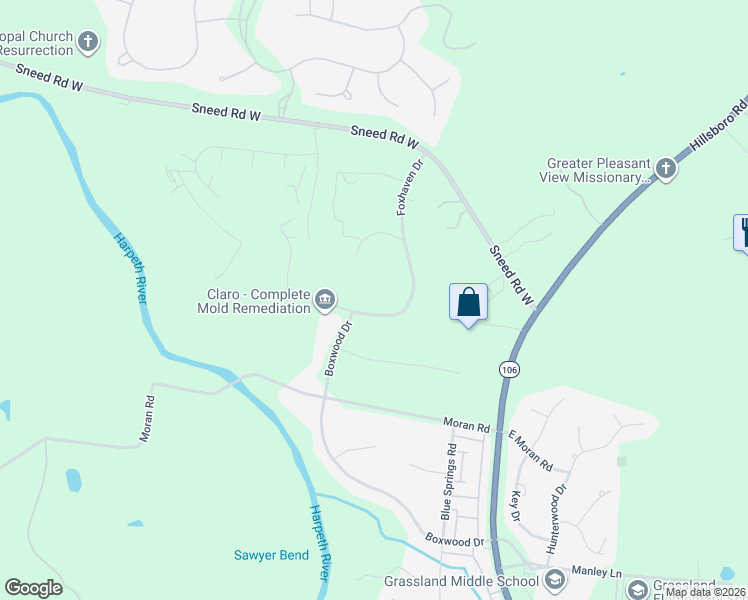 map of restaurants, bars, coffee shops, grocery stores, and more near 2409 Foxhaven Drive in Franklin