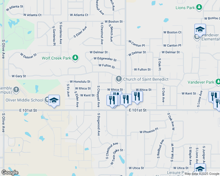 map of restaurants, bars, coffee shops, grocery stores, and more near 2205 West Ithica Street in Broken Arrow