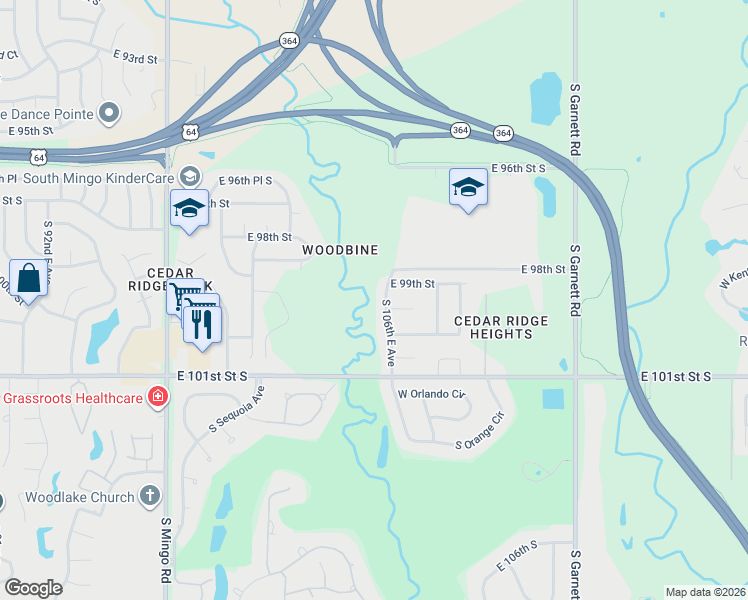 map of restaurants, bars, coffee shops, grocery stores, and more near 9923 South 106th East Avenue in Tulsa