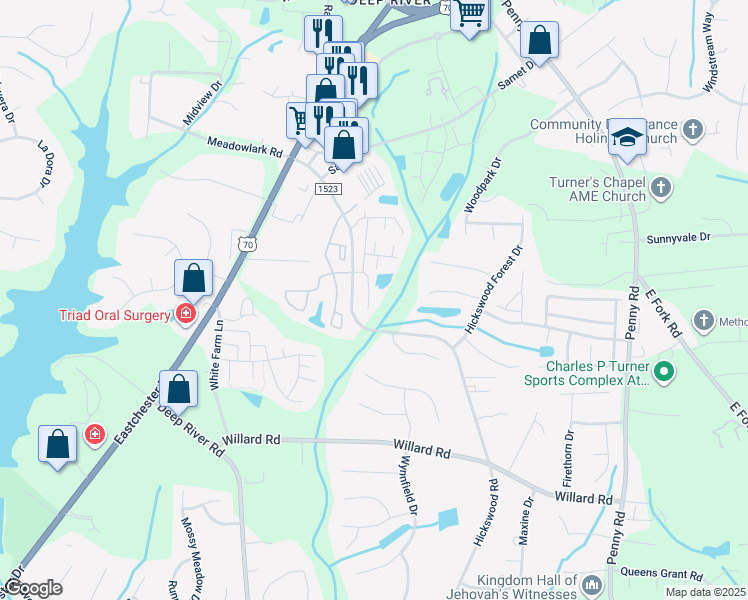 map of restaurants, bars, coffee shops, grocery stores, and more near 3620 Spanish Peak Drive in High Point
