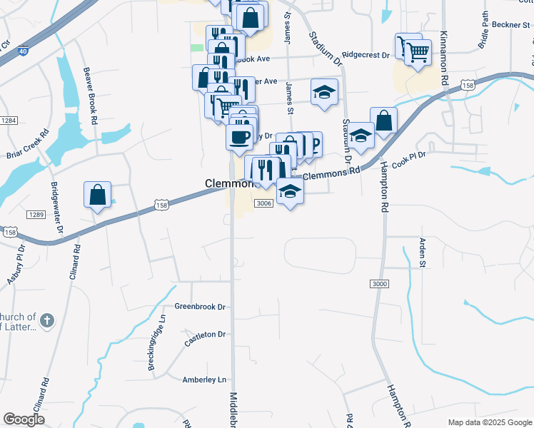 map of restaurants, bars, coffee shops, grocery stores, and more near 6611 Village Brook Trail in Clemmons