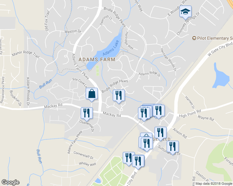 map of restaurants, bars, coffee shops, grocery stores, and more near 23 Cedar Branch Drive in Greensboro
