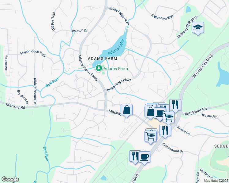 map of restaurants, bars, coffee shops, grocery stores, and more near 2027 Saddlegate Court in Greensboro