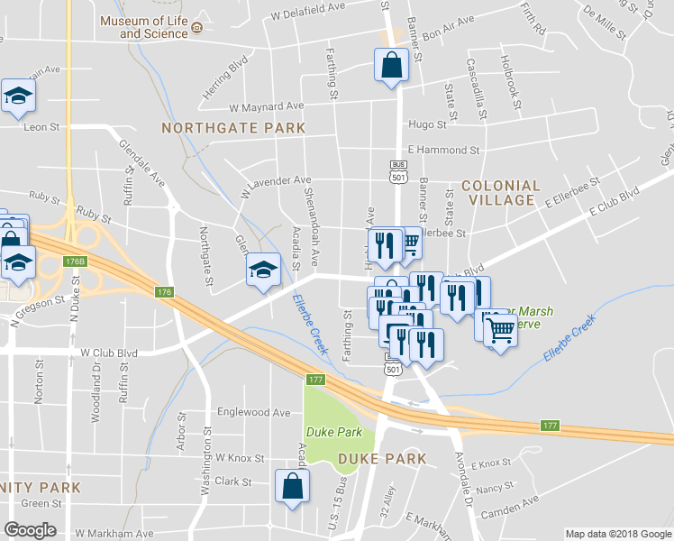 map of restaurants, bars, coffee shops, grocery stores, and more near 100 West Club Boulevard in Durham