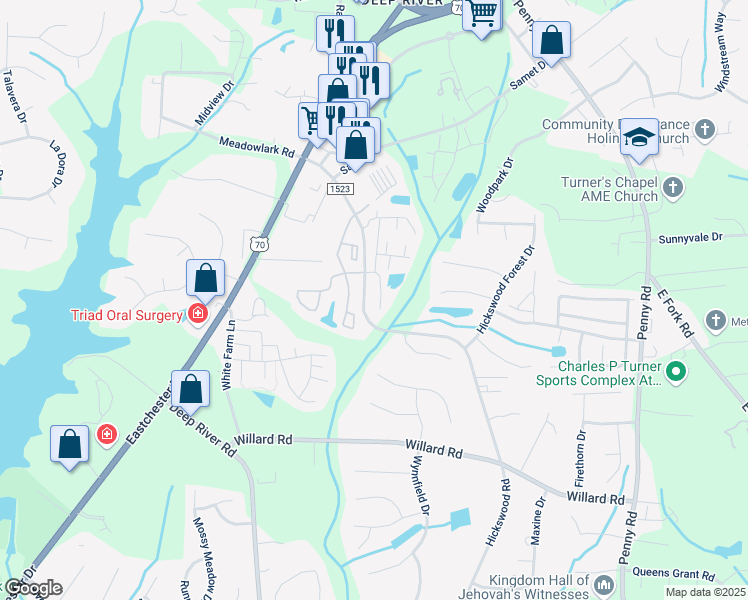 map of restaurants, bars, coffee shops, grocery stores, and more near 3625 Spanish Peak Drive in High Point