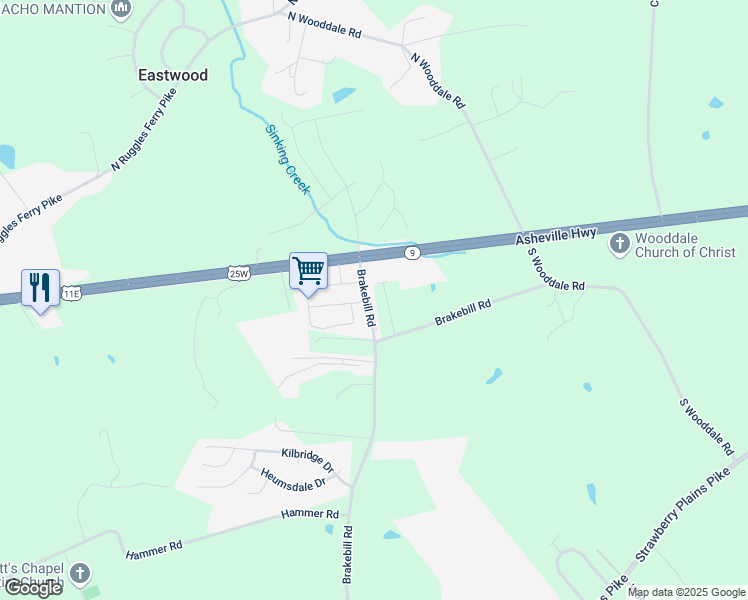 map of restaurants, bars, coffee shops, grocery stores, and more near 160 Brakebill Road in Knoxville
