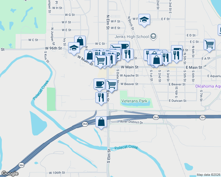 map of restaurants, bars, coffee shops, grocery stores, and more near 404 South Elm Street in Jenks