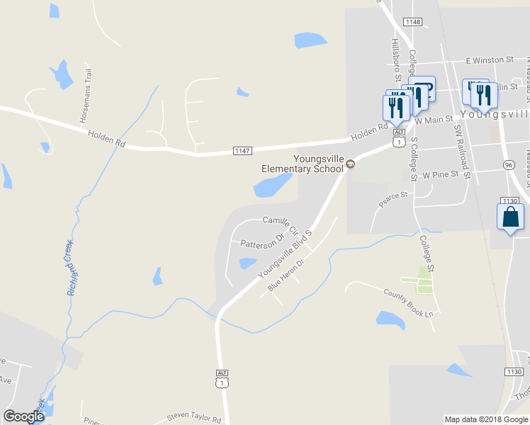 map of restaurants, bars, coffee shops, grocery stores, and more near 114 Camille Circle in Youngsville