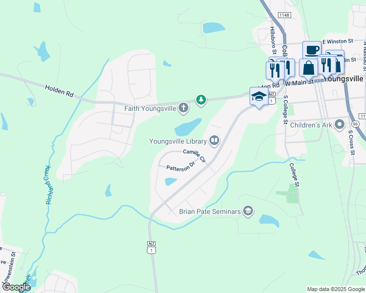 map of restaurants, bars, coffee shops, grocery stores, and more near 114 Camille Circle in Youngsville