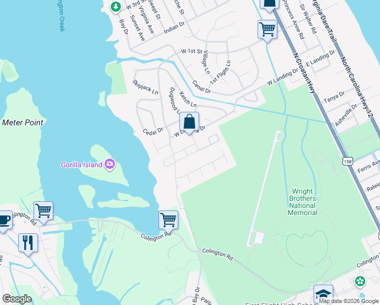map of restaurants, bars, coffee shops, grocery stores, and more near 1301 West 1st Street in Kill Devil Hills