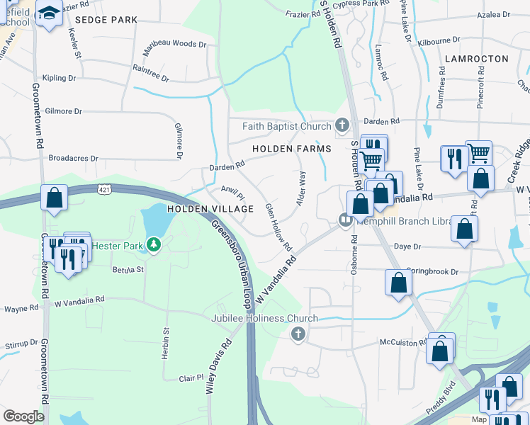 map of restaurants, bars, coffee shops, grocery stores, and more near 3302 Glen Hollow Road in Greensboro