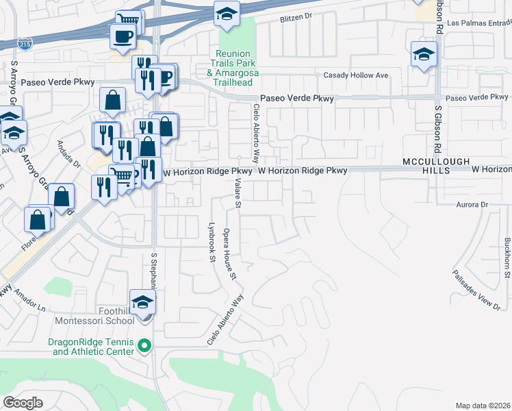 map of restaurants, bars, coffee shops, grocery stores, and more near 1291 Peppercorn Avenue in Henderson