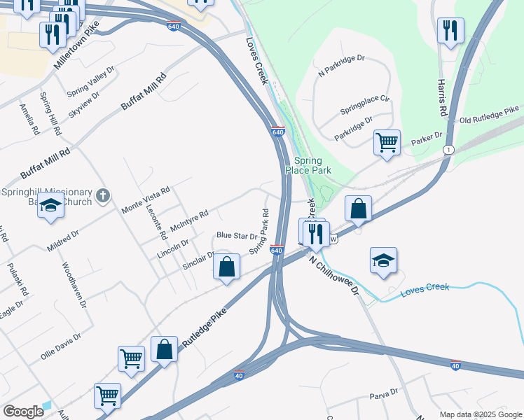map of restaurants, bars, coffee shops, grocery stores, and more near 921 Spring Park Road in Knoxville