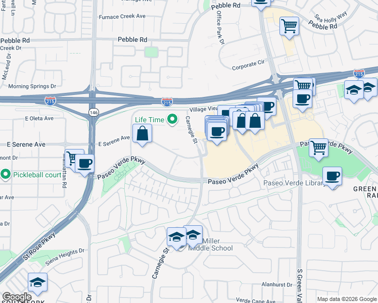 map of restaurants, bars, coffee shops, grocery stores, and more near 105 Carnegie Street in Henderson