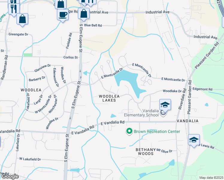 map of restaurants, bars, coffee shops, grocery stores, and more near 401 Woodlake Drive in Greensboro