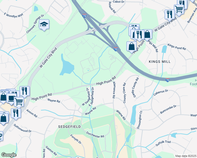 map of restaurants, bars, coffee shops, grocery stores, and more near 2998 Alamance Road in Greensboro