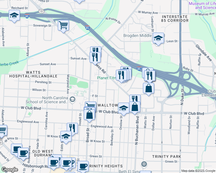 map of restaurants, bars, coffee shops, grocery stores, and more near 1314 Sedgefield Street in Durham