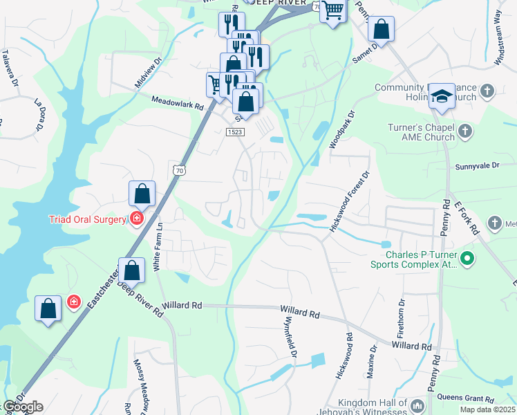 map of restaurants, bars, coffee shops, grocery stores, and more near 3625 Spanish Peak Drive in High Point