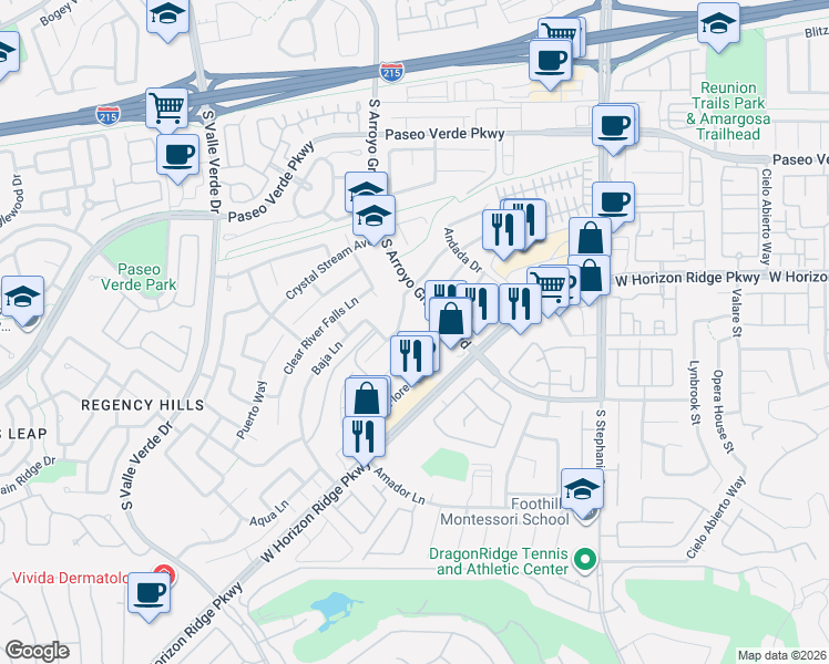 map of restaurants, bars, coffee shops, grocery stores, and more near 1667 Clovercrest Court in Henderson