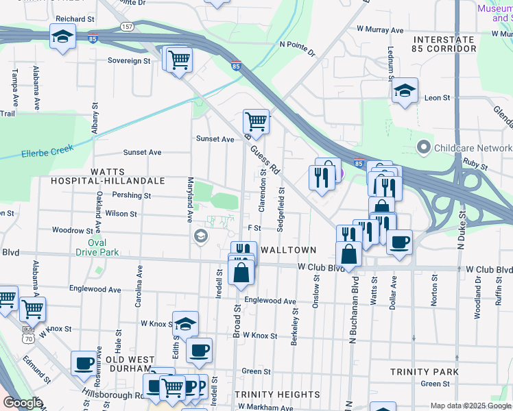 map of restaurants, bars, coffee shops, grocery stores, and more near 1307 Clarendon Street in Durham