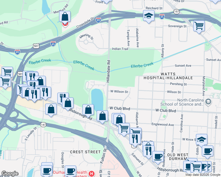 map of restaurants, bars, coffee shops, grocery stores, and more near 2531 West Wilson Street in Durham