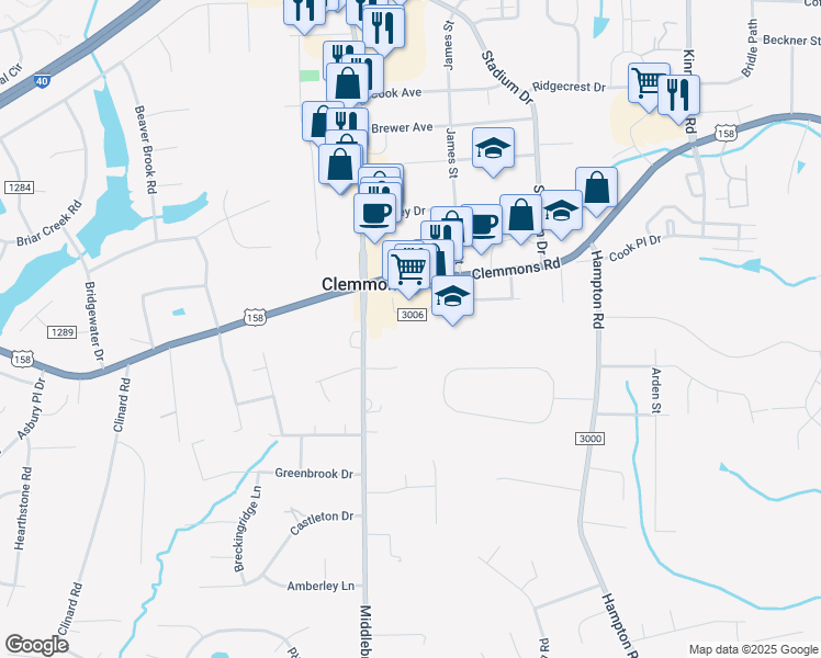 map of restaurants, bars, coffee shops, grocery stores, and more near 6611 Village Brook Trail in Clemmons
