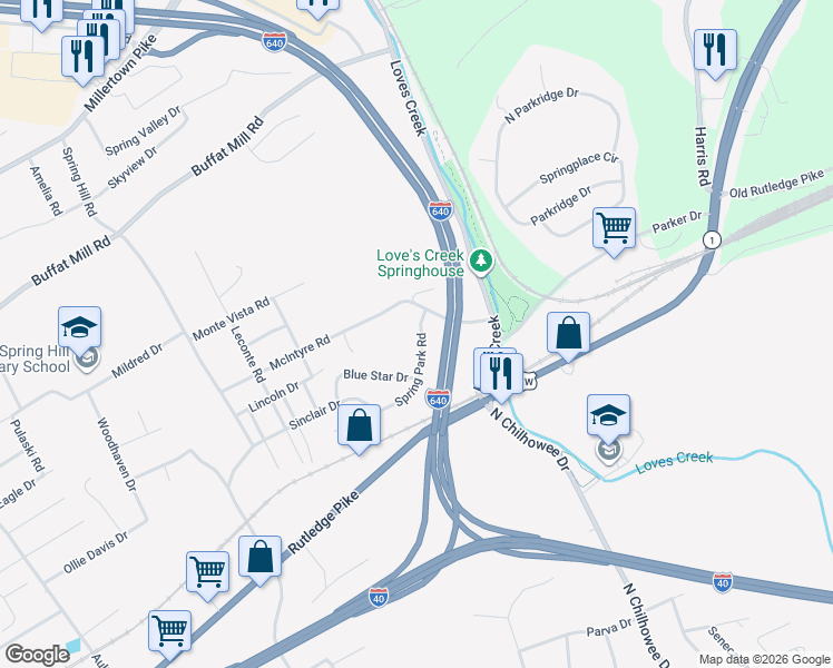 map of restaurants, bars, coffee shops, grocery stores, and more near 921 Spring Park Road in Knoxville