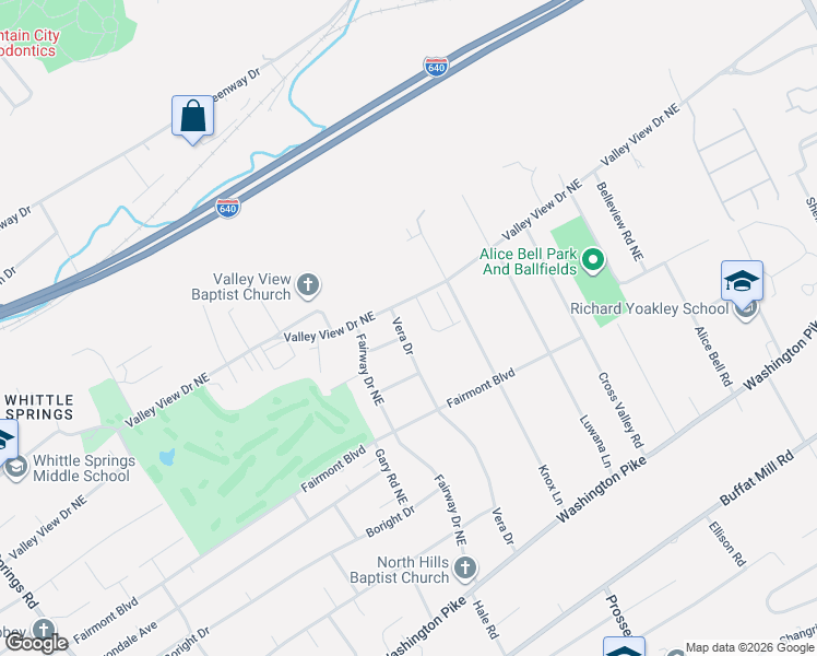 map of restaurants, bars, coffee shops, grocery stores, and more near 3502 Vera Drive in Knoxville