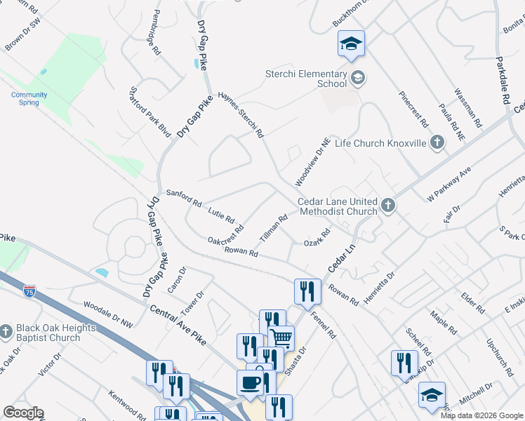 map of restaurants, bars, coffee shops, grocery stores, and more near 504 Oakcrest Road in Knoxville