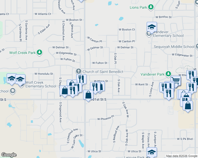 map of restaurants, bars, coffee shops, grocery stores, and more near 1831 West Ithica Street in Broken Arrow