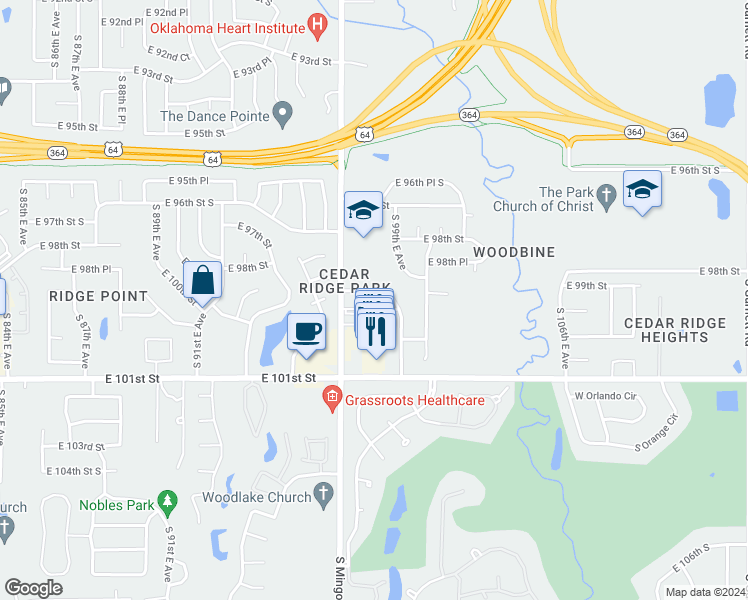 map of restaurants, bars, coffee shops, grocery stores, and more near 9814 East 99th Place in Tulsa