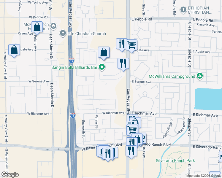 map of restaurants, bars, coffee shops, grocery stores, and more near 2405 West Serene Avenue in Las Vegas