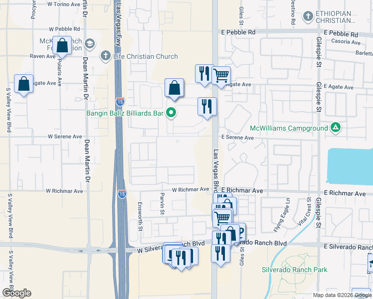 map of restaurants, bars, coffee shops, grocery stores, and more near 2405 West Serene Avenue in Las Vegas