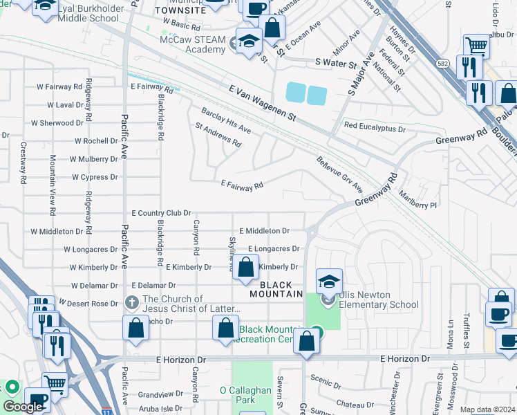 map of restaurants, bars, coffee shops, grocery stores, and more near 330 East Country Club Drive in Henderson