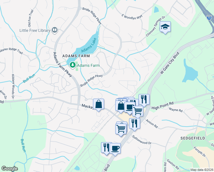 map of restaurants, bars, coffee shops, grocery stores, and more near 26 Cedar Knoll Drive in Greensboro
