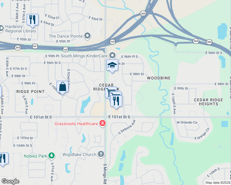 map of restaurants, bars, coffee shops, grocery stores, and more near 9814 East 99th Place in Tulsa