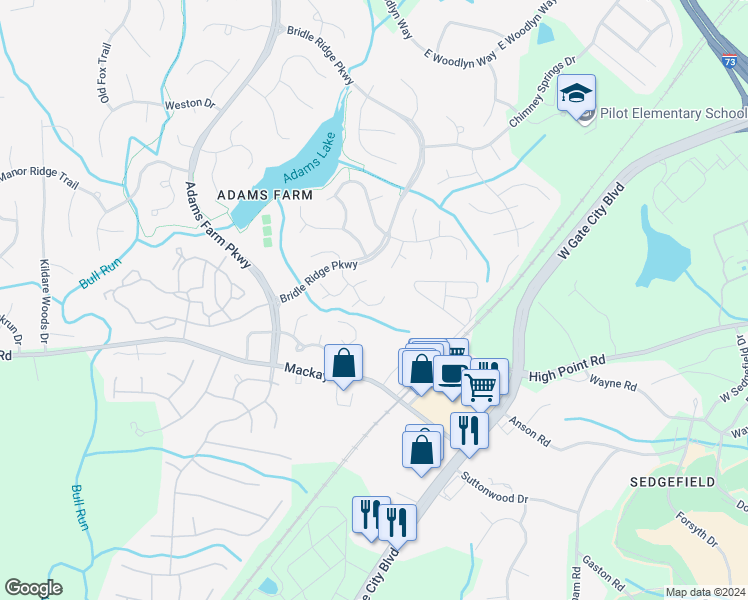 map of restaurants, bars, coffee shops, grocery stores, and more near 21 Cedar Knoll Drive in Greensboro