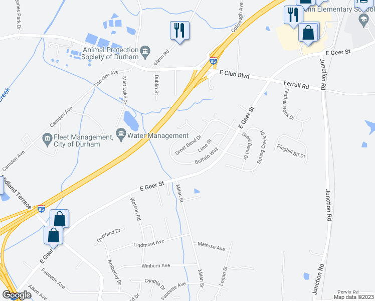 map of restaurants, bars, coffee shops, grocery stores, and more near 2007 Lime Street in Durham