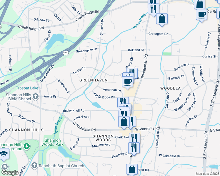 map of restaurants, bars, coffee shops, grocery stores, and more near 520 Jonathan Lane in Greensboro