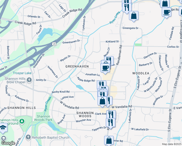 map of restaurants, bars, coffee shops, grocery stores, and more near 520 Jonathan Lane in Greensboro