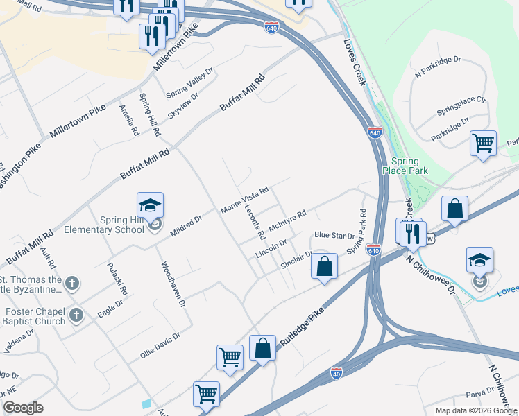 map of restaurants, bars, coffee shops, grocery stores, and more near 5010 O Barr Road in Knoxville