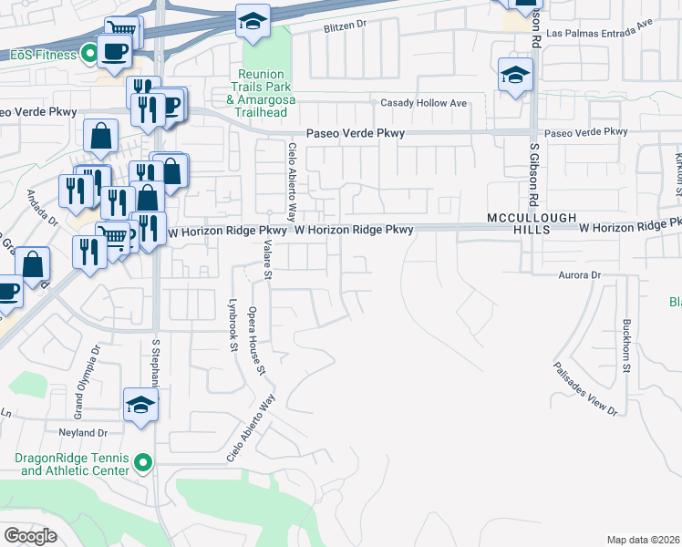 map of restaurants, bars, coffee shops, grocery stores, and more near Viento Puntero Drive in Henderson