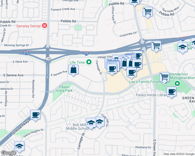 map of restaurants, bars, coffee shops, grocery stores, and more near 2460 East Serene Avenue in Henderson